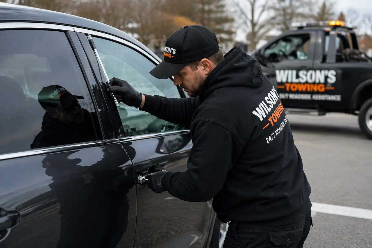 Wilson’s Towing technician providing vehicle lockout service